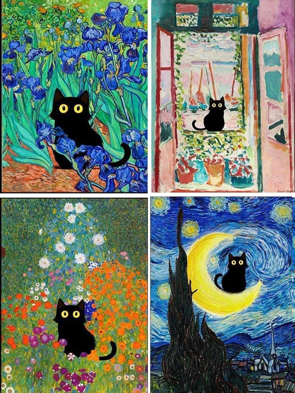 Adult 5D Diamond Painting Kits - 4 Pieces, Round Diamond Arts Painting Kit, DIY Beginner Black Cat Diamond Art Kit, Matisse Van Gogh Living Room Bedroom Decoration (11.8x15.7)